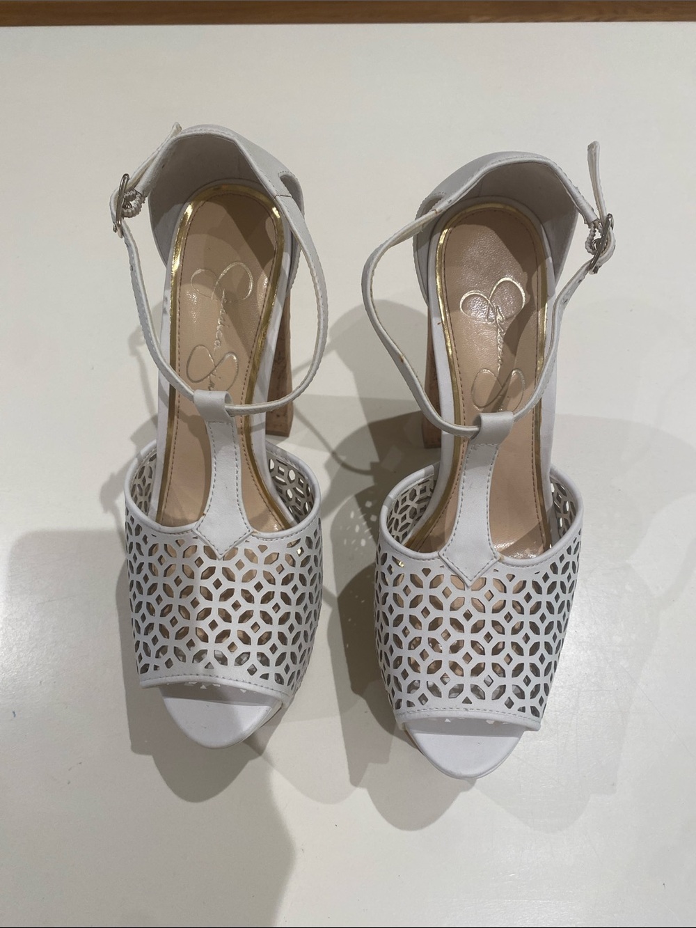 Jessica Simpson White Laser-Cut Peep-Toe Ankle Strap Platforms